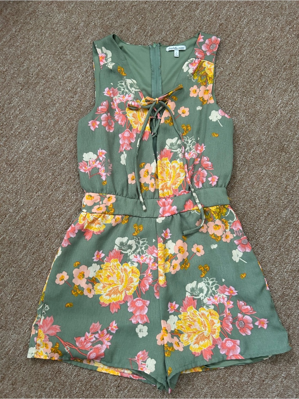 Charlotte Russe Olive Green Floral Lace-Up Romper
